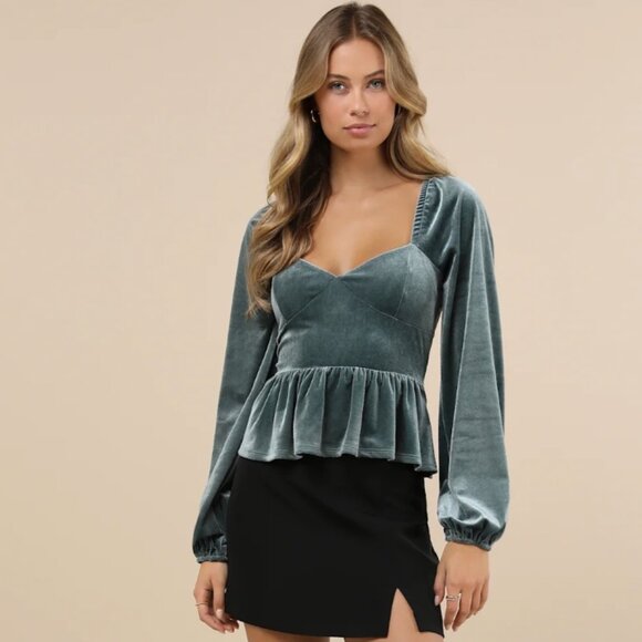 Lulus Tops - Lulus Marvelously Sweet Sage Blue Velvet Long Sleeve Peplum Top XS NWT